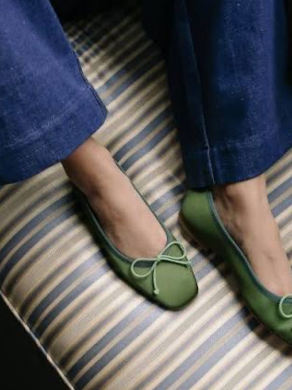 Margaux Green Satin Square-Toe Ballet Flats fonteyn flats with Bow